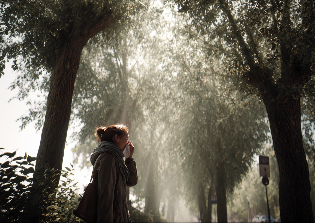 kobieta spaceruje między drzewami i kicha