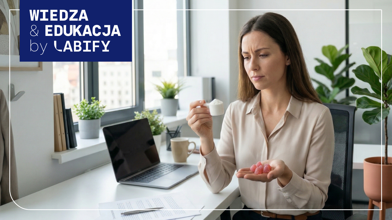 kobieta rozważa czy wziąć suplement w proszku czy w żelkach