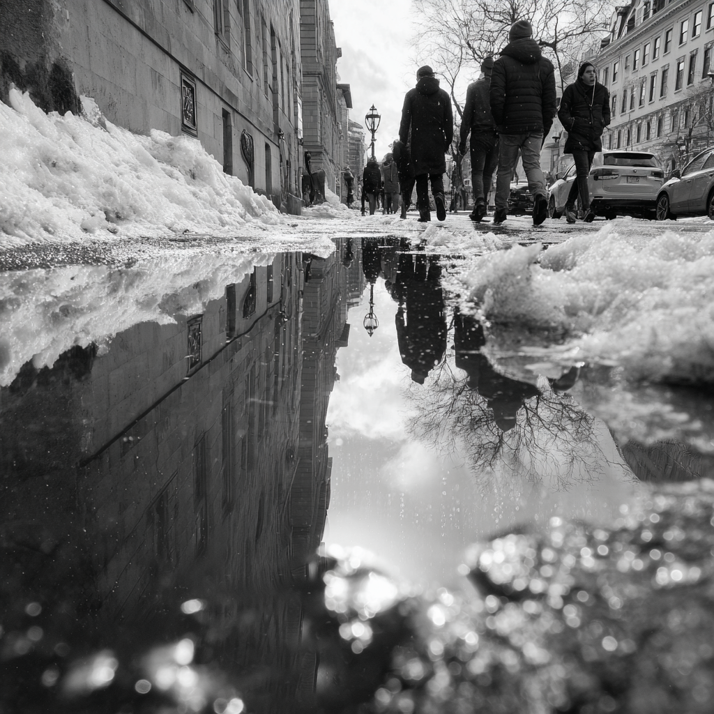 ludzie na ulicy podczas wiosennych roztopów