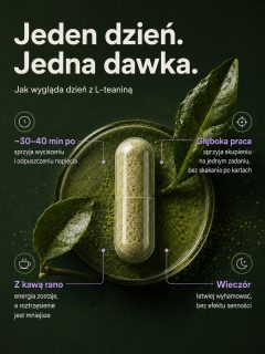 L-Teanina MONO — harmonogram stosowania w ciągu dnia, kapsułka na liściach zielonej herbaty