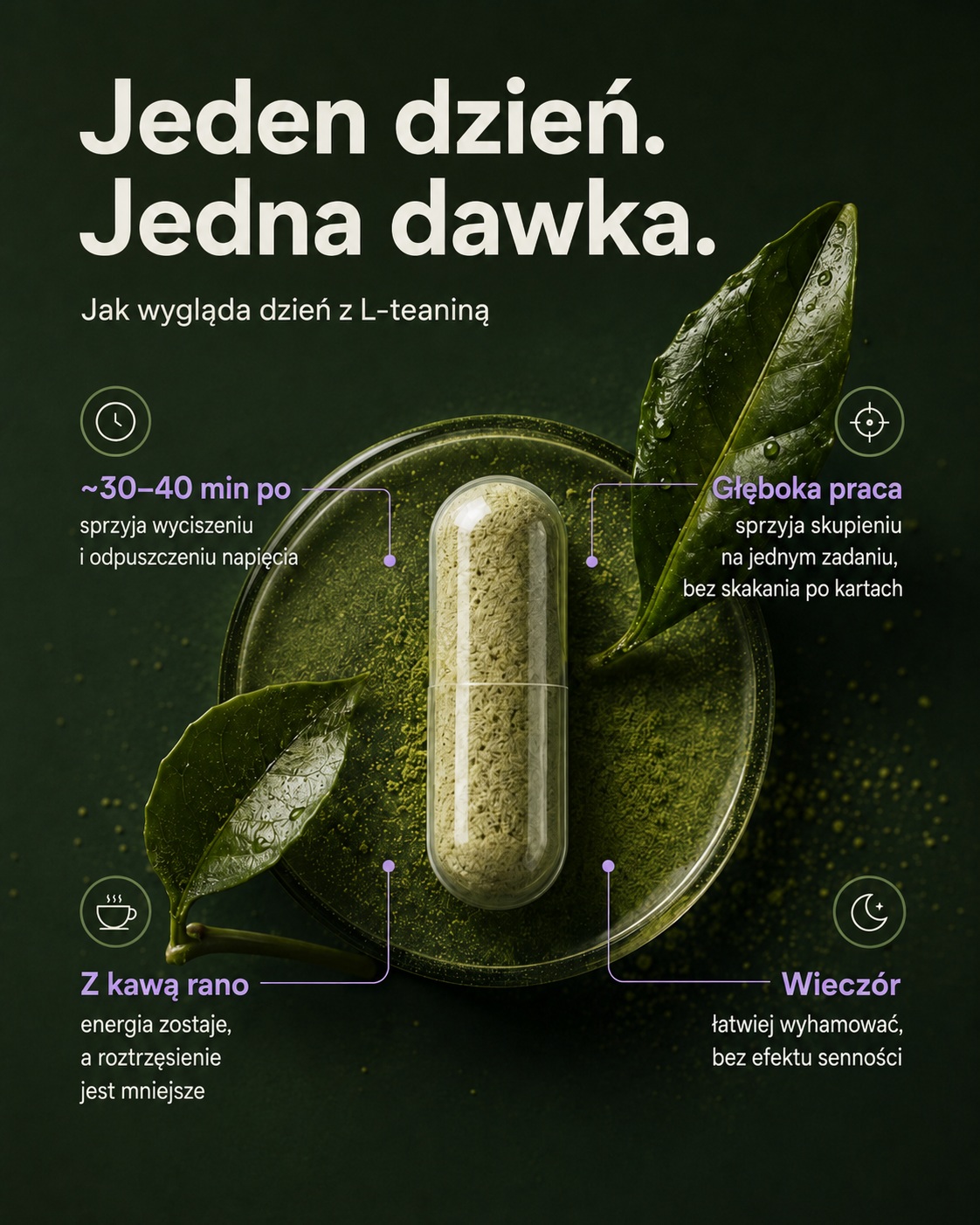 L-Teanina MONO — harmonogram stosowania w ciągu dnia, kapsułka na liściach zielonej herbaty