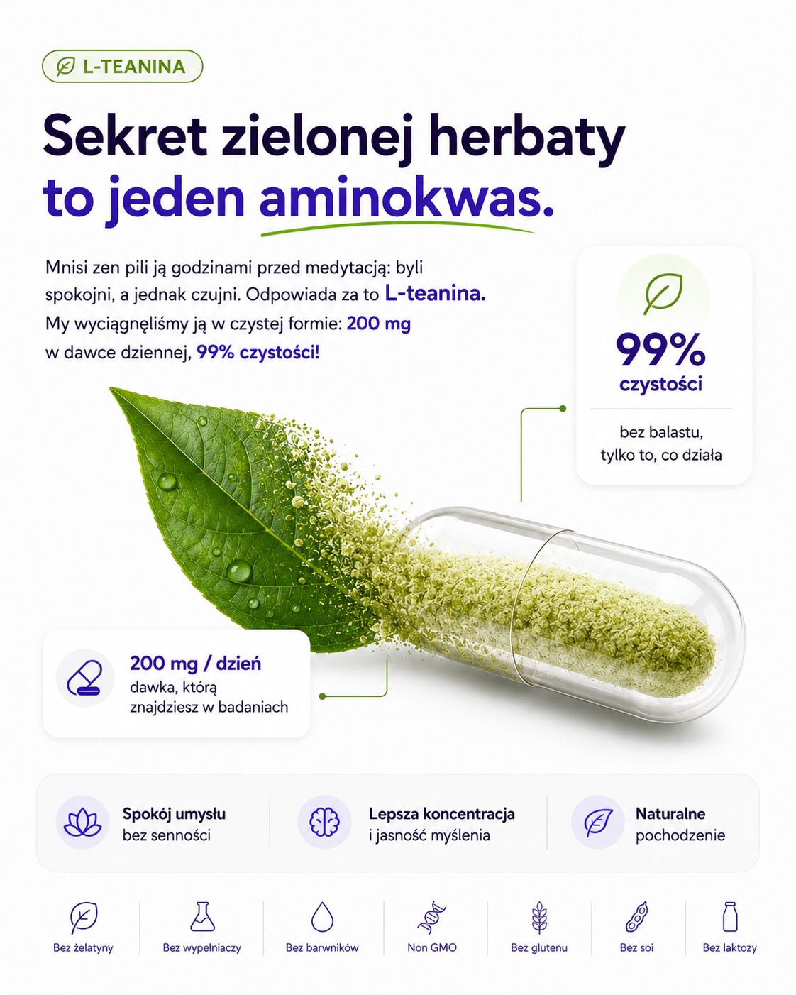 L-Teanina MONO — 200 mg dziennie, 99% czystości, ekstrakt z liścia zielonej herbaty w kapsułce